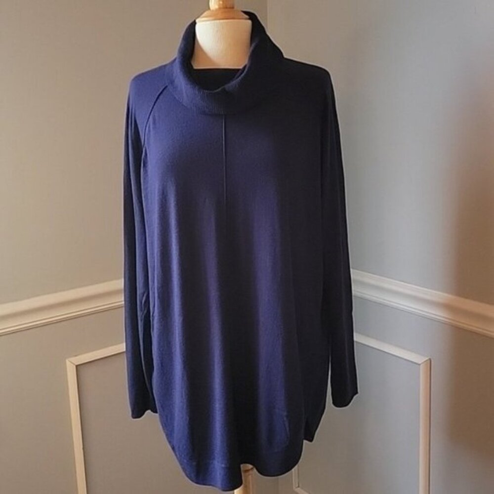CASLON Blue Wool Blend Cowl Neck Turtleneck Ribbed Round‎ Hem Boho Tunic Sweater